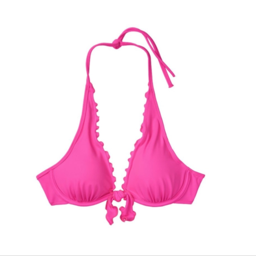 NWT VICTORIA'S SECRET Capri Ruffle Halter Swim Bikini Top Shocking Pink - Picture 4 of 4